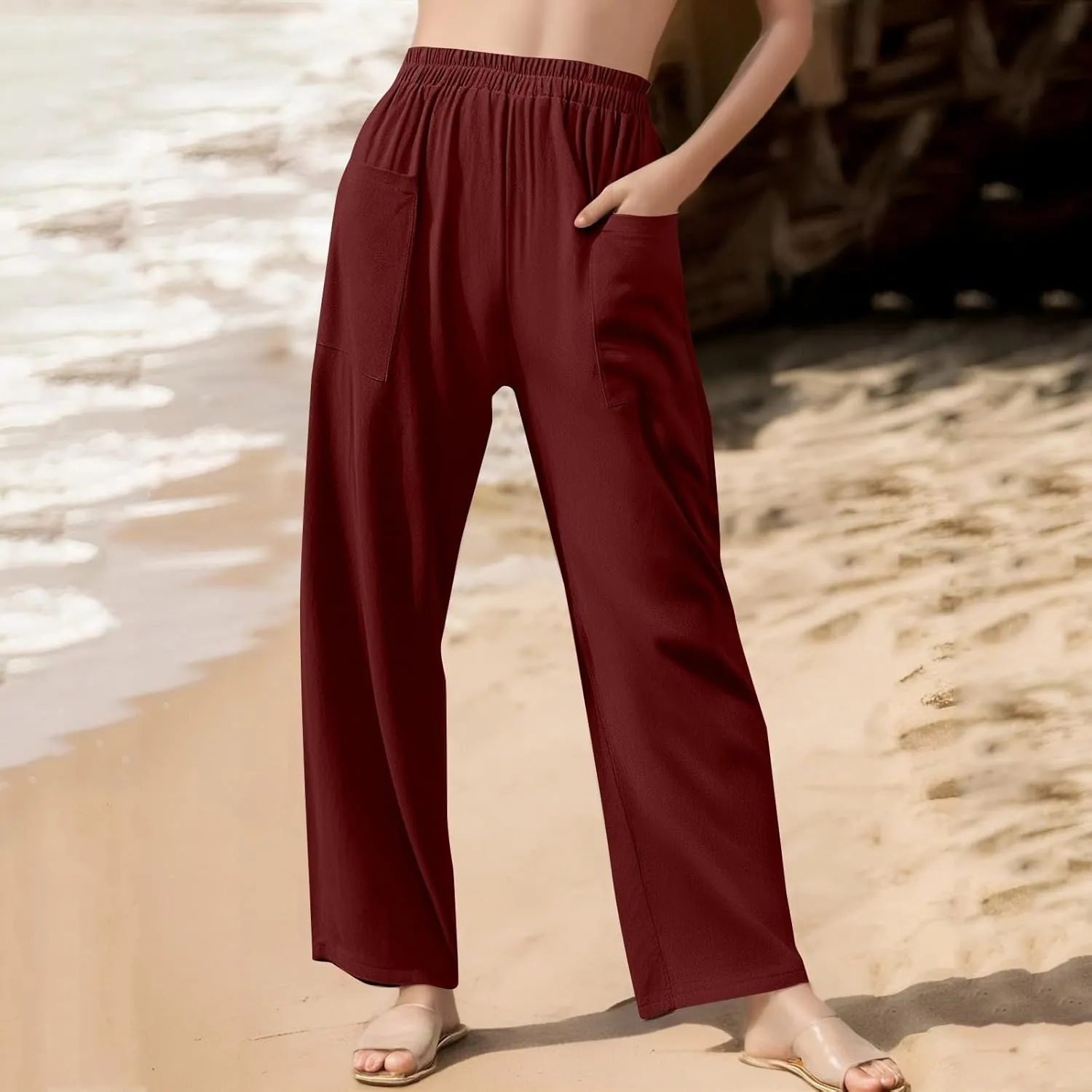 Linen Pants for Women Summer High Waist Palazzo Pants Wide Leg Plus Size Pant Lounge Trousers with Pockets (S-2Xl)