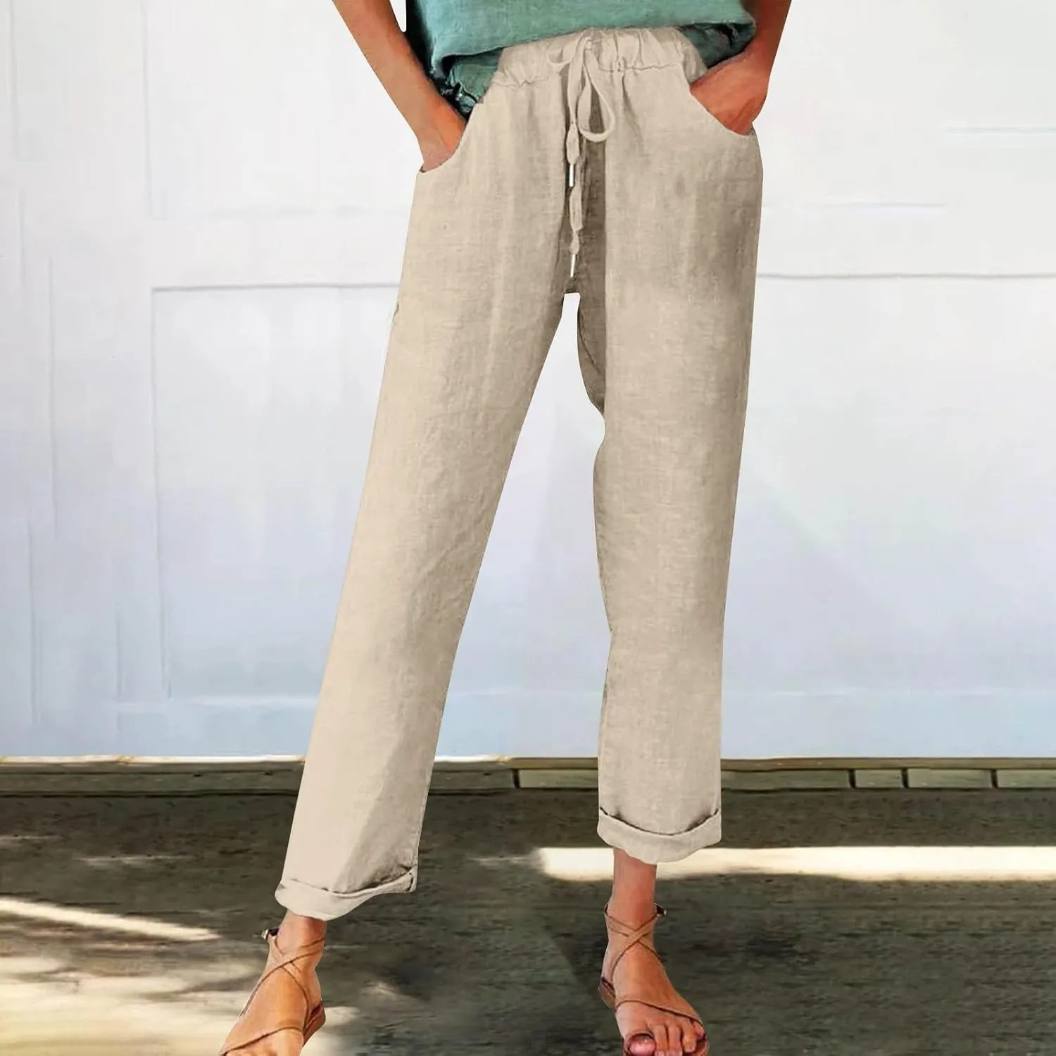 Linen Pants for Women Vintage Tropical Floral Print Elastic High Waist Drawstring Pant Summer Beach Casual Trouser