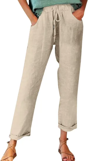 Linen Pants for Women Vintage Tropical Floral Print Elastic High Waist Drawstring Pant Summer Beach Casual Trouser