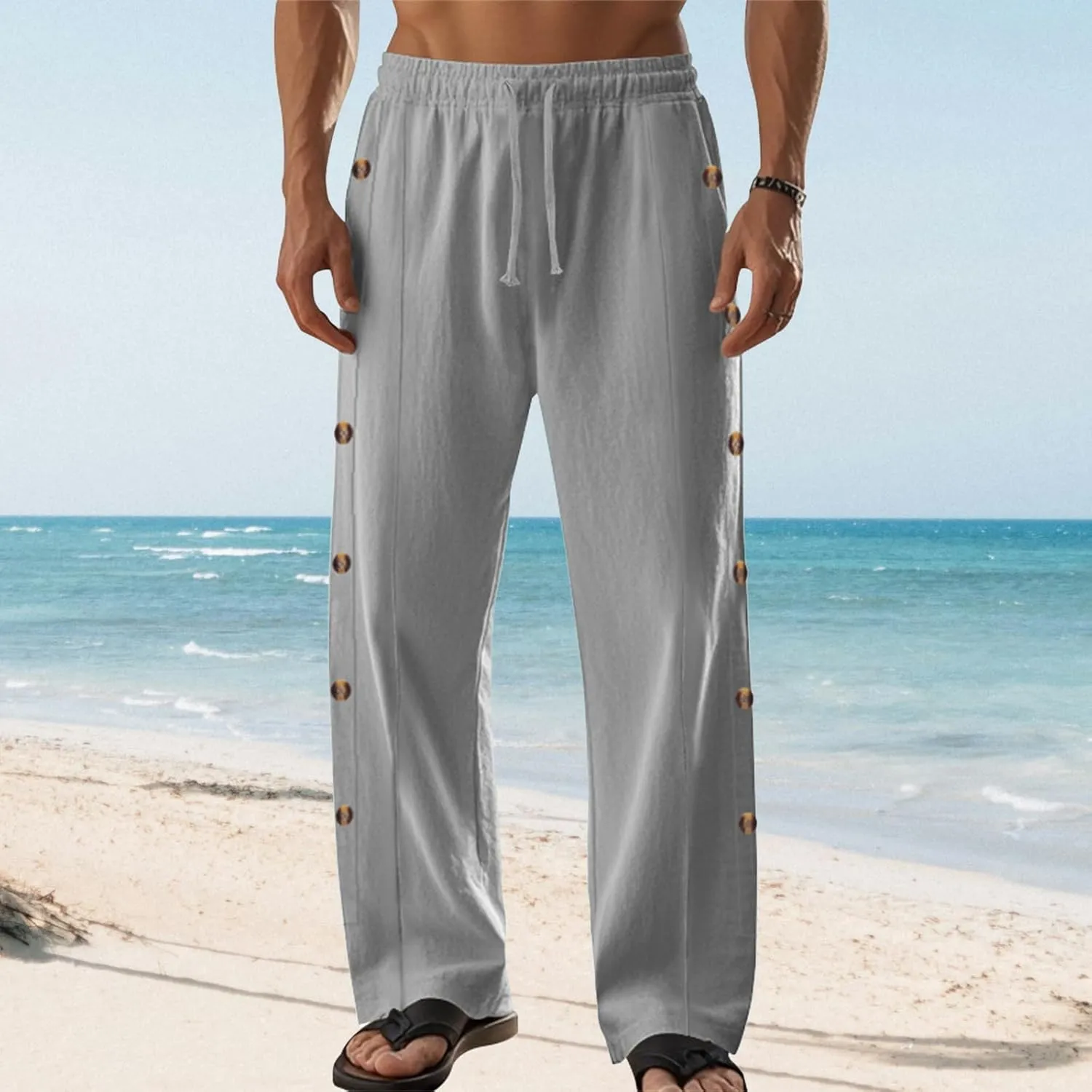 Linen Pants Men Side Button Elastic Waist Trendy Pants Summer Yoga Beach Pants Straight Leg Drawstring Baggy Trousers