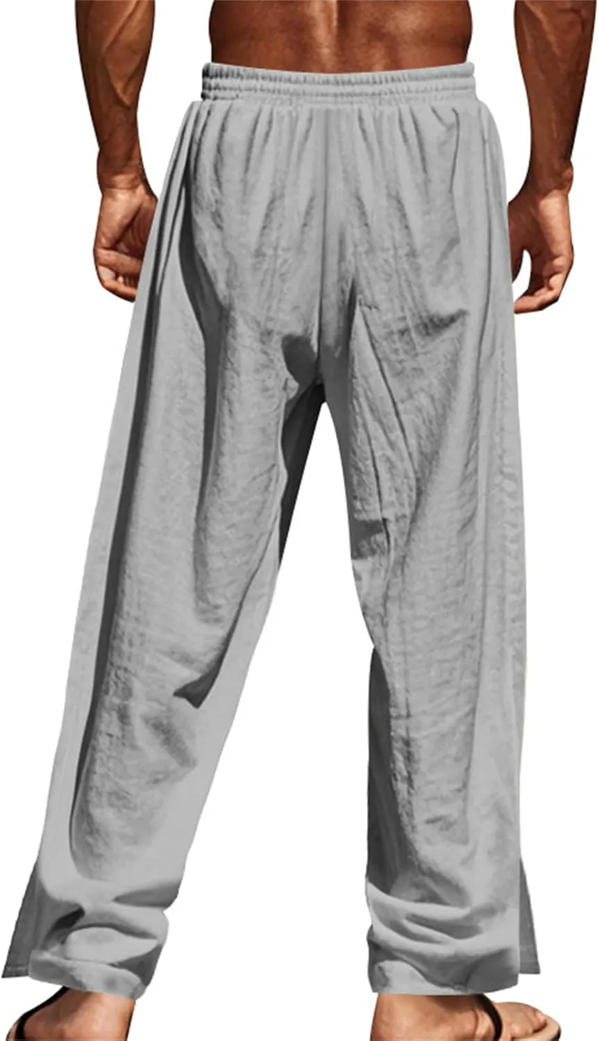 Linen Pants Men Side Button Elastic Waist Trendy Pants Summer Yoga Beach Pants Straight Leg Drawstring Baggy Trousers