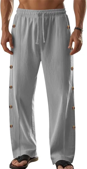 Linen Pants Men Side Button Elastic Waist Trendy Pants Summer Yoga Beach Pants Straight Leg Drawstring Baggy Trousers