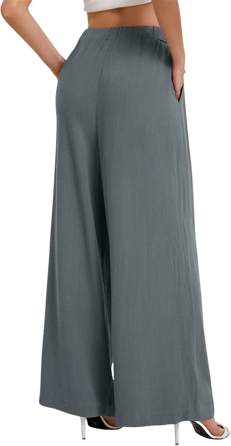 Linen Pants Women Beach Wide Leg Pants Casual Boho Summer Palazzo Pants High Waist Flowy Lounge Trousers with Pocket