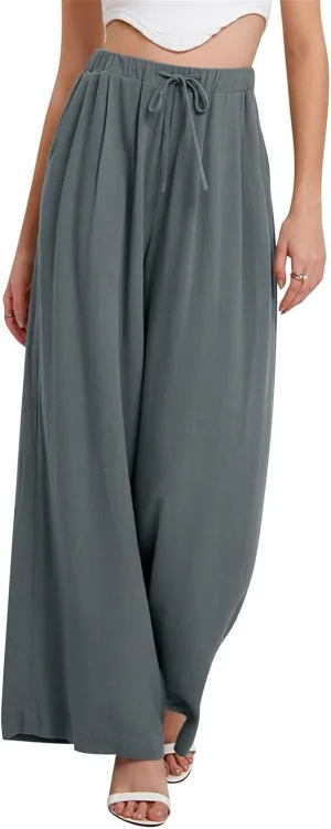 Linen Pants Women Beach Wide Leg Pants Casual Boho Summer Palazzo Pants High Waist Flowy Lounge Trousers with Pocket