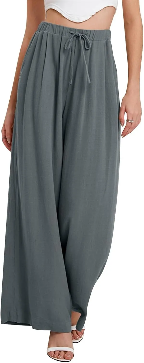 Linen Pants Women Beach Wide Leg Pants Casual Boho Summer Palazzo Pants High Waist Flowy Lounge Trousers with Pocket