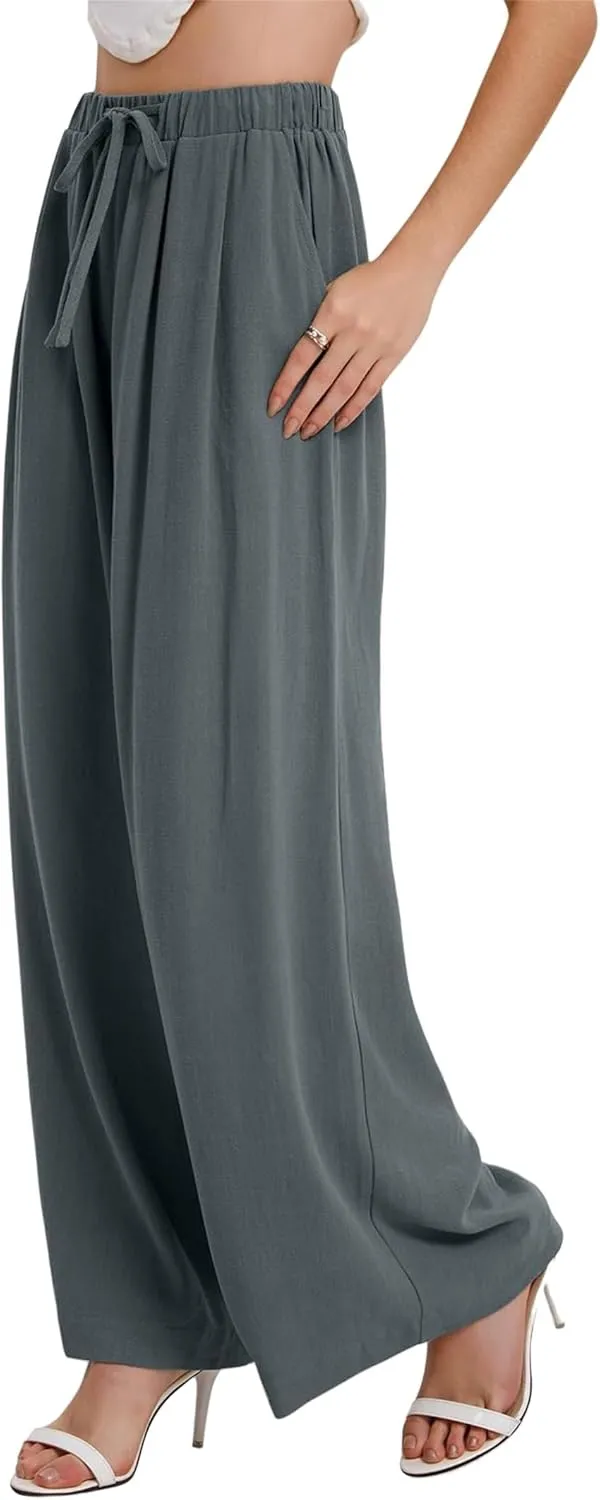 Linen Pants Women Beach Wide Leg Pants Casual Boho Summer Palazzo Pants High Waist Flowy Lounge Trousers with Pocket