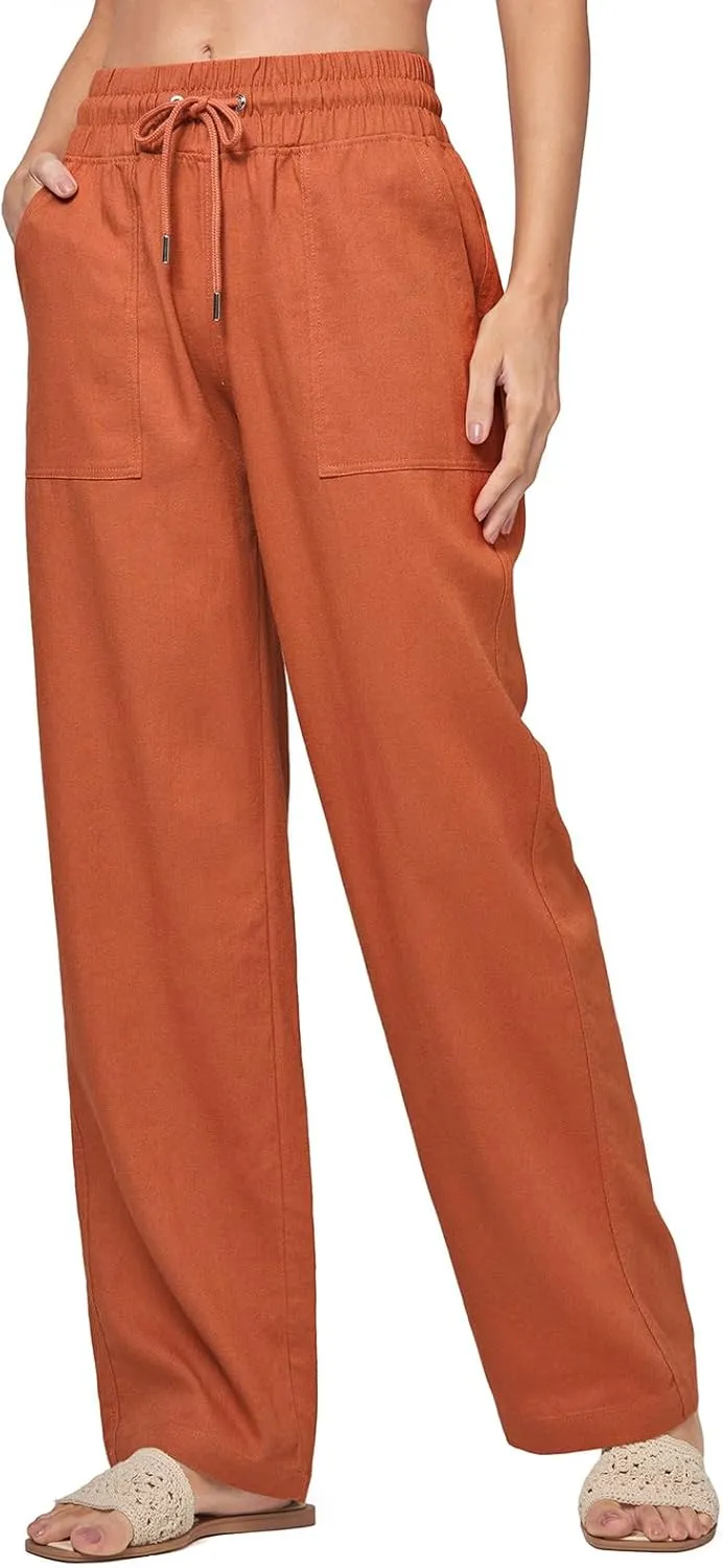 Linen Pants Women Casual Palazzo Pants High Waist Wide Leg Pant Lightweight Summer Solid Lounge Long Trousers