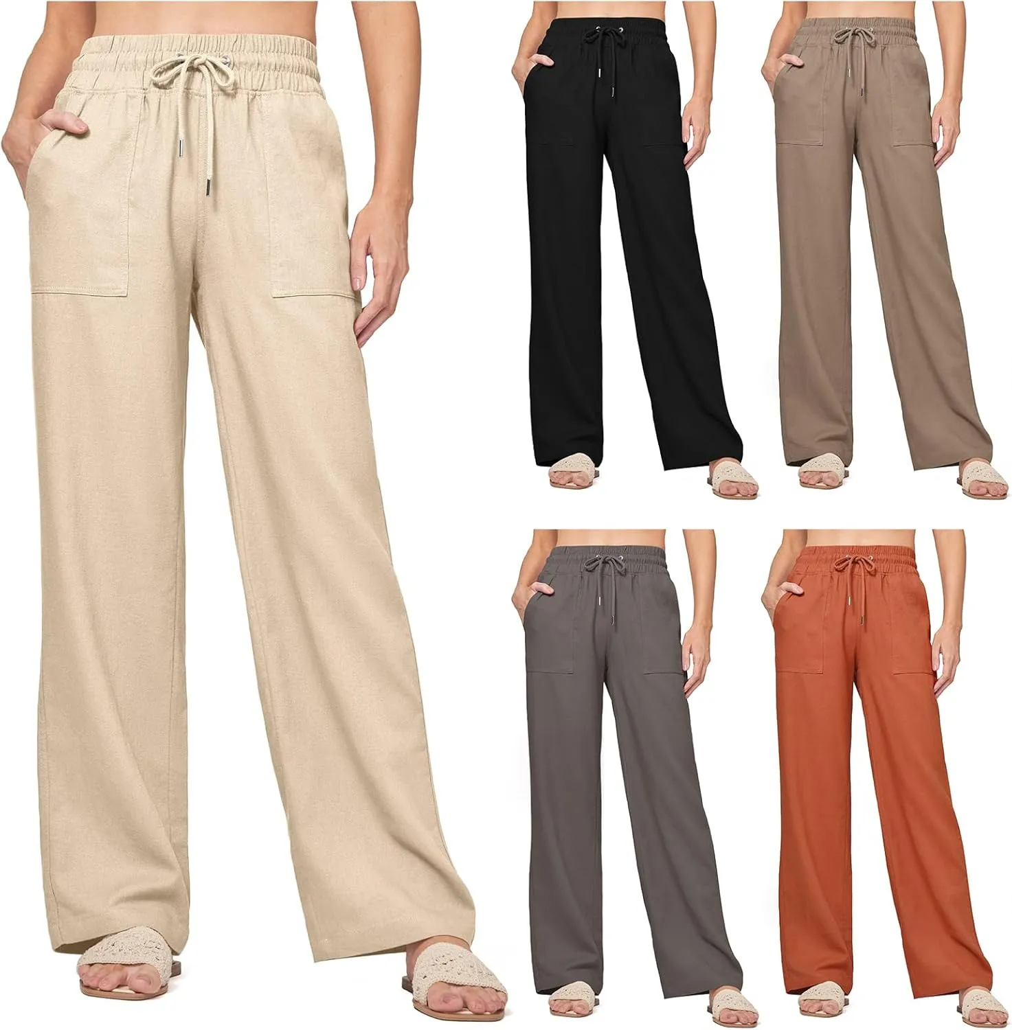 Linen Pants Women Casual Palazzo Pants High Waist Wide Leg Pant Lightweight Summer Solid Lounge Long Trousers