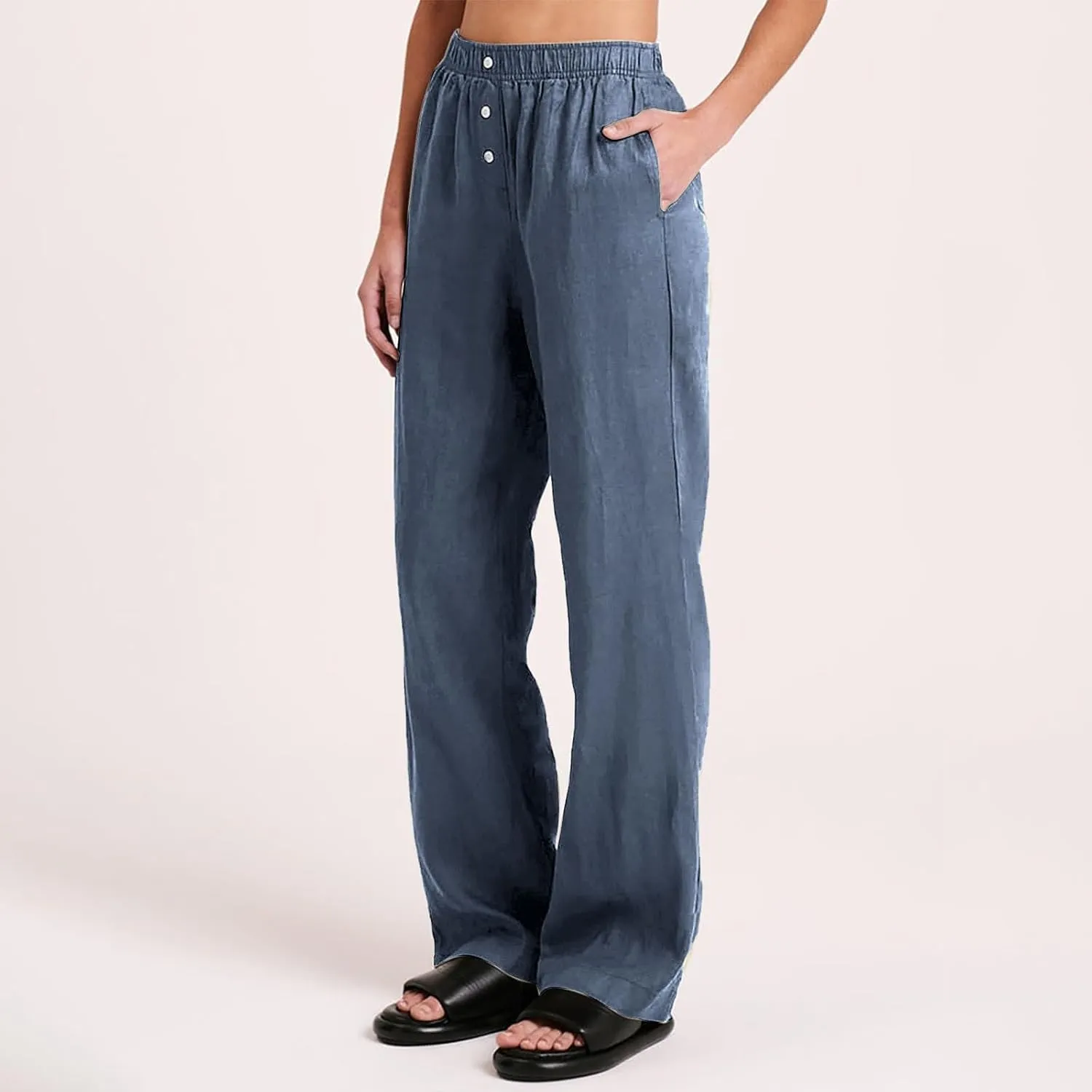 Linen Pants Women Comfy Flowy Wide Leg Pants Summer Baggy High Waisted Palazzo Beach Pants Trousers with Pockets