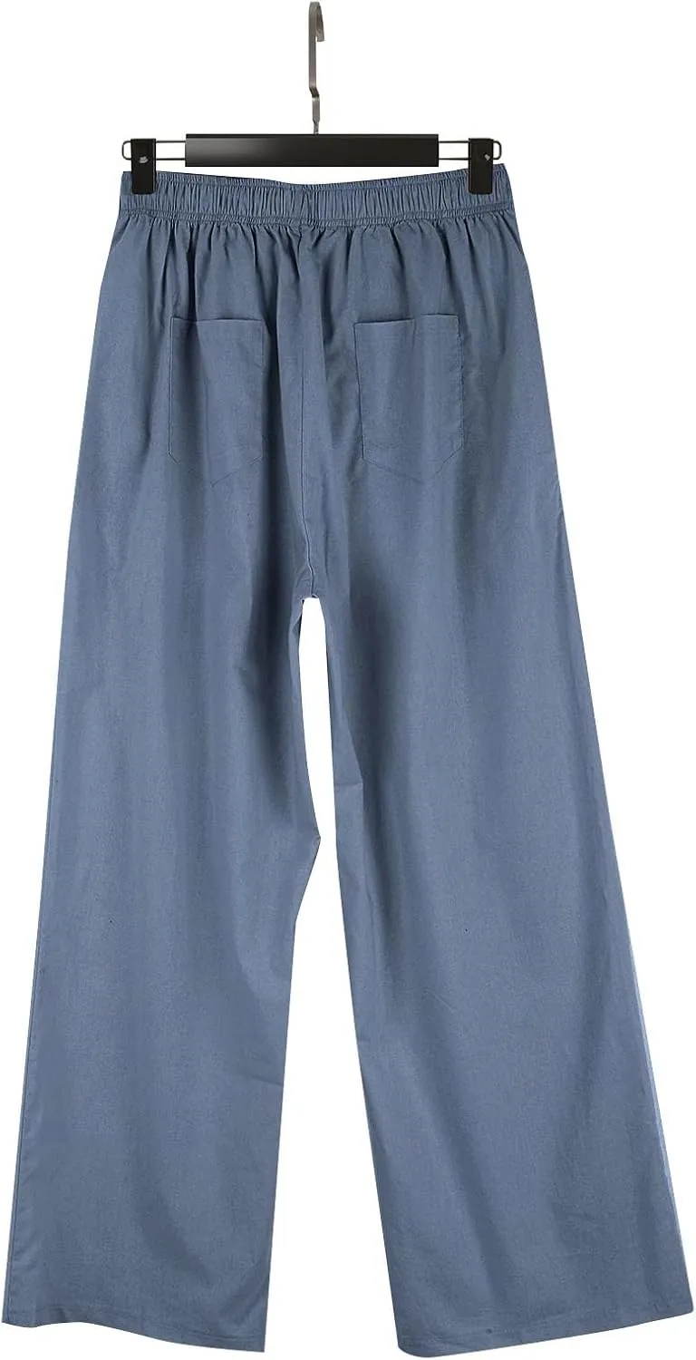 Linen Pants Women Comfy Flowy Wide Leg Pants Summer Baggy High Waisted Palazzo Beach Pants Trousers with Pockets
