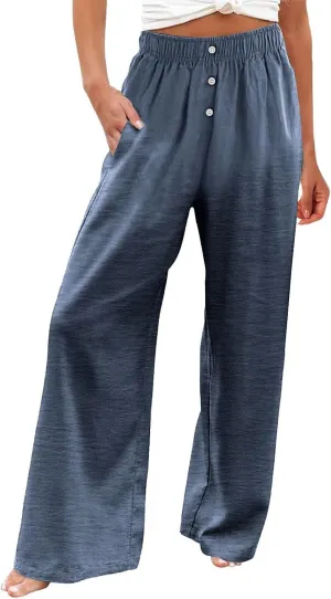 Linen Pants Women Comfy Flowy Wide Leg Pants Summer Baggy High Waisted Palazzo Beach Pants Trousers with Pockets