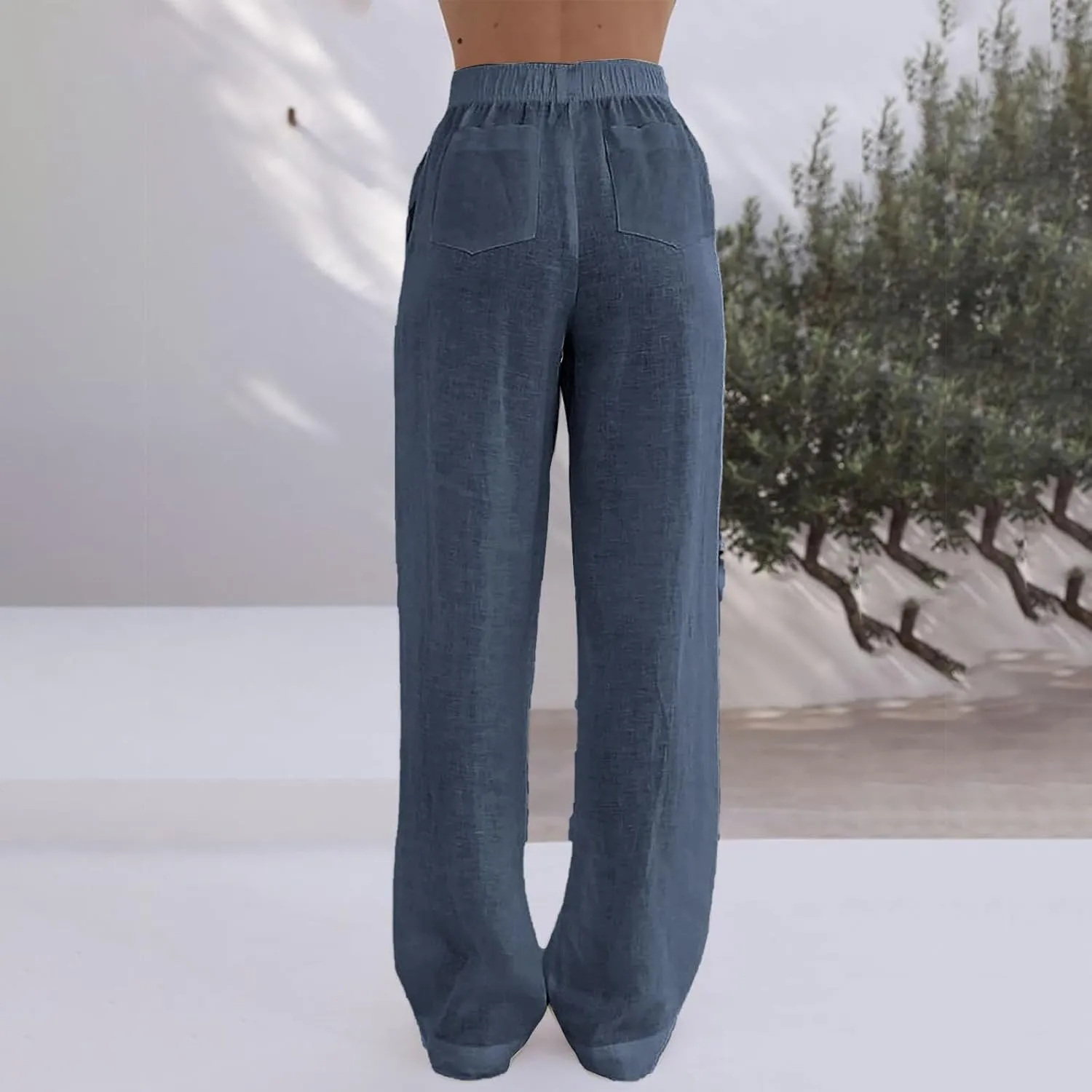 Linen Pants Women Comfy Flowy Wide Leg Pants Summer Baggy High Waisted Palazzo Beach Pants Trousers with Pockets