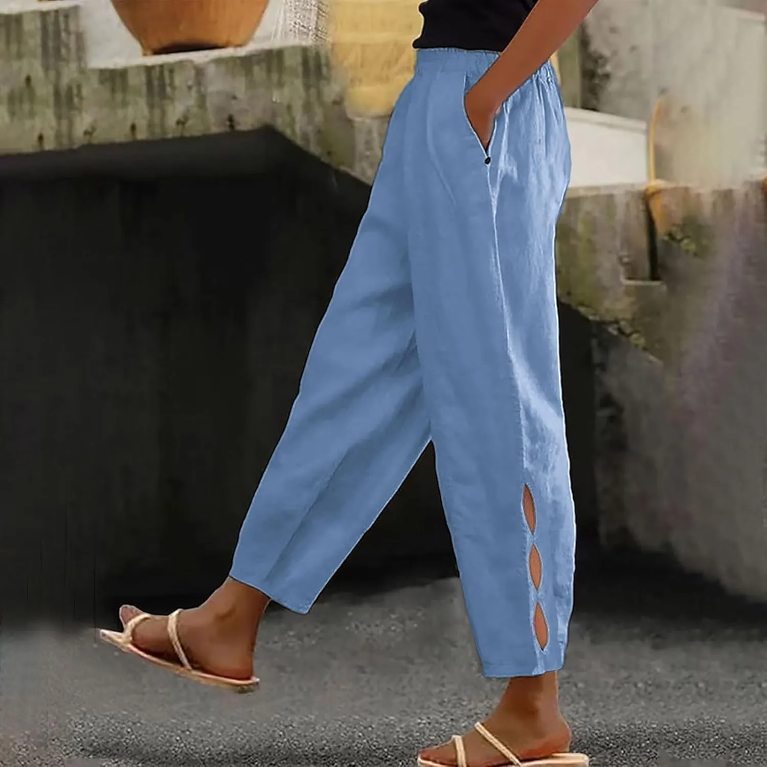 Linen Pants Women Loose Fit Lightweight Summer Loung Trousers Straight Leg Pants Casual High Waist Trousers with Pockets