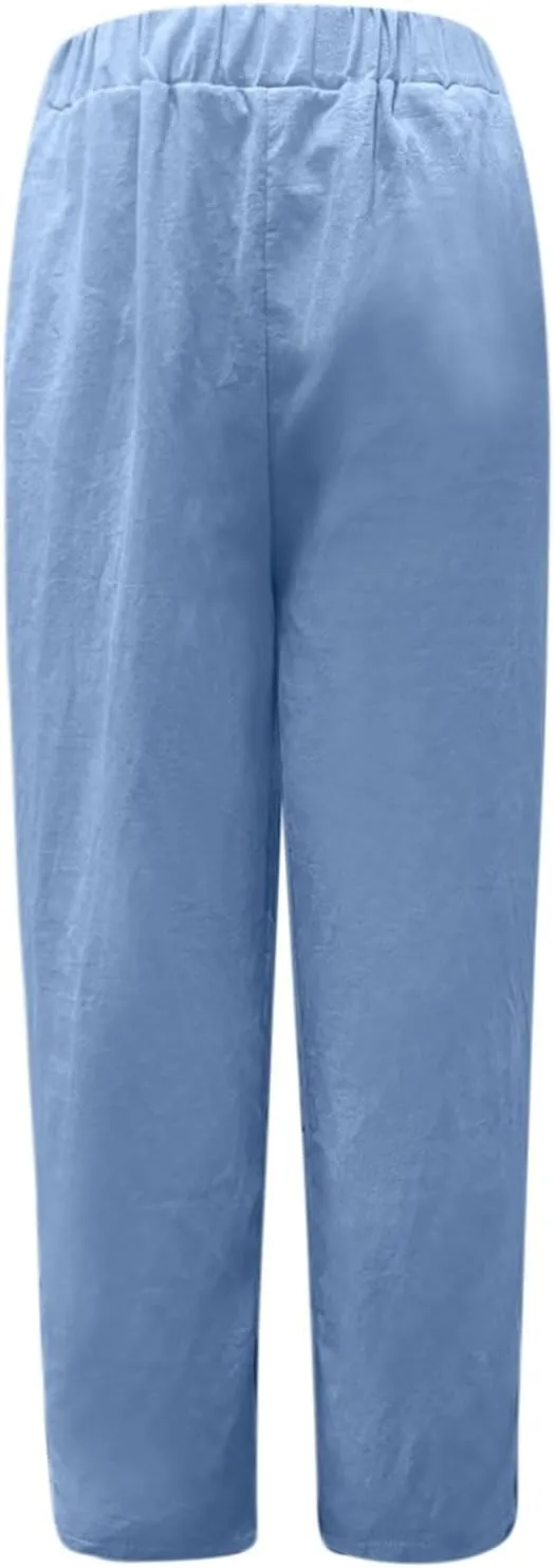 Linen Pants Women Loose Fit Lightweight Summer Loung Trousers Straight Leg Pants Casual High Waist Trousers with Pockets