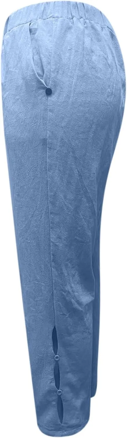 Linen Pants Women Loose Fit Lightweight Summer Loung Trousers Straight Leg Pants Casual High Waist Trousers with Pockets