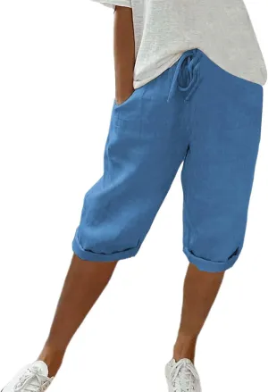 Linen Pants Women Summer, Cotton Palazzo Pants, Pantalones De Lino, Lightweight Capri High Waisted Elastic Waist Trousers Casual Summer Beach Lounge Trousers Blue 3X-Large