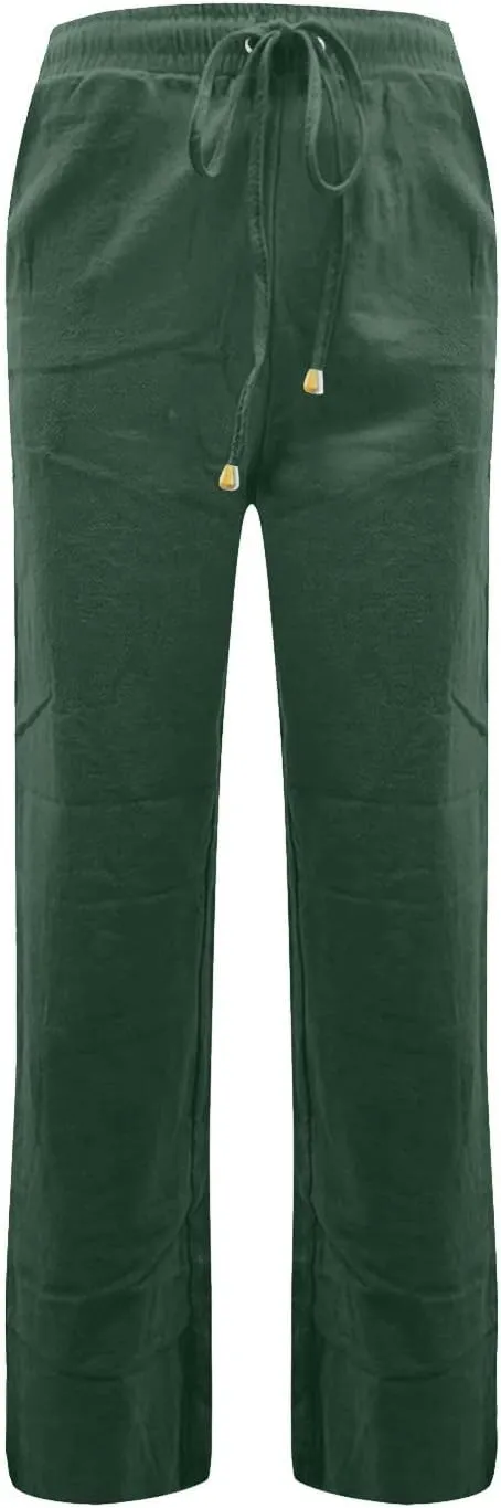 Linen Pants Women Summer Drawstring Waist Wide Leg Trousers Loose Cotton Linen Palazzo Pants Casual Beach Pants