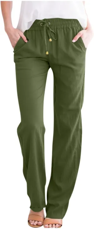 Linen Pants Women Summer Drawstring Waist Wide Leg Trousers Loose Cotton Linen Palazzo Pants Casual Beach Pants