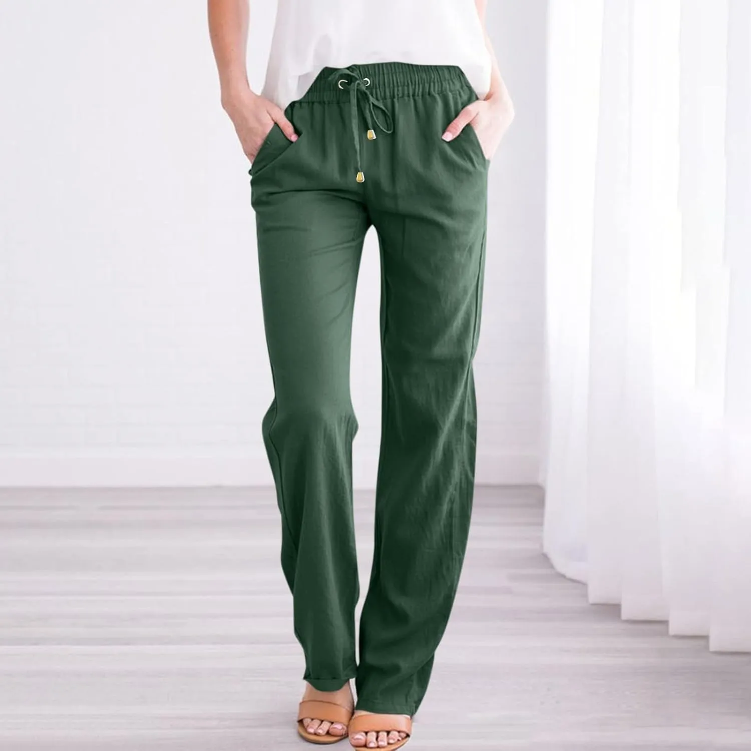 Linen Pants Women Summer Drawstring Waist Wide Leg Trousers Loose Cotton Linen Palazzo Pants Casual Beach Pants