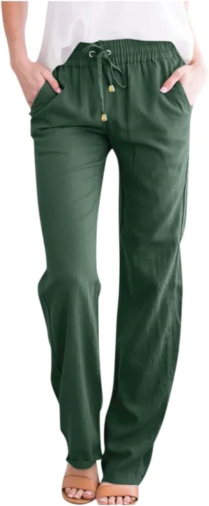 Linen Pants Women Summer Drawstring Waist Wide Leg Trousers Loose Cotton Linen Palazzo Pants Casual Beach Pants