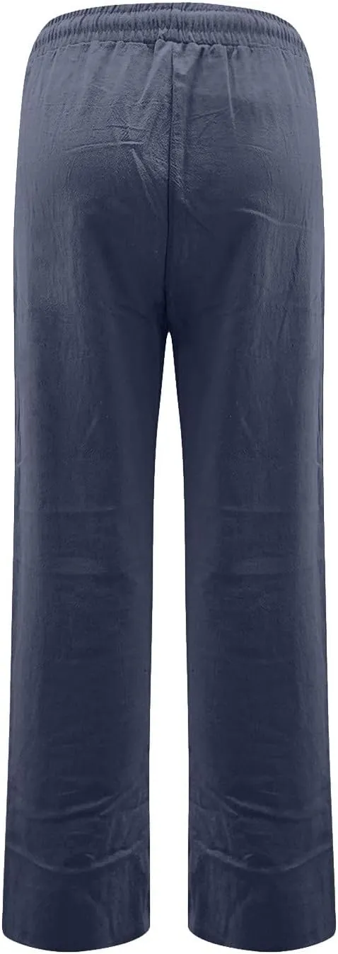 Linen Pants Women Summer Drawstring Waist Wide Leg Trousers Loose Cotton Linen Palazzo Pants Casual Beach Pants