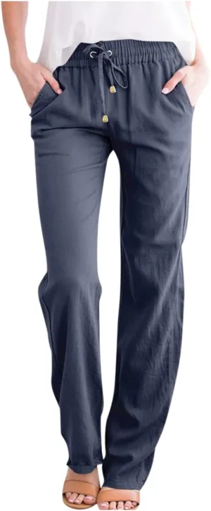 Linen Pants Women Summer Drawstring Waist Wide Leg Trousers Loose Cotton Linen Palazzo Pants Casual Beach Pants
