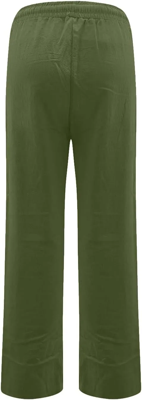 Linen Pants Women Summer Drawstring Waist Wide Leg Trousers Loose Cotton Linen Palazzo Pants Casual Beach Pants