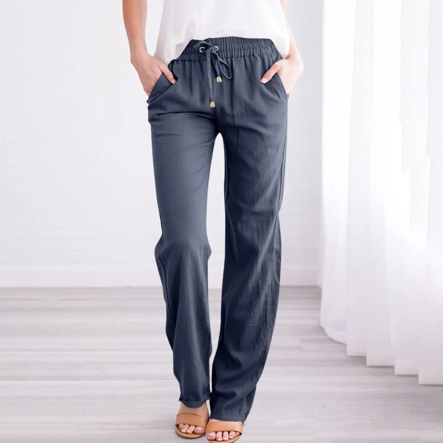 Linen Pants Women Summer Drawstring Waist Wide Leg Trousers Loose Cotton Linen Palazzo Pants Casual Beach Pants