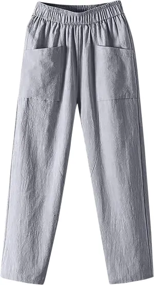 Linen Pants Women Summer Straight Leg Elastic Waist Casual Pants Peasant Linen