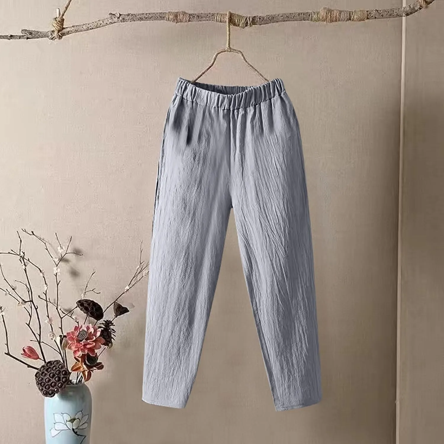 Linen Pants Women Summer Straight Leg Elastic Waist Casual Pants Peasant Linen