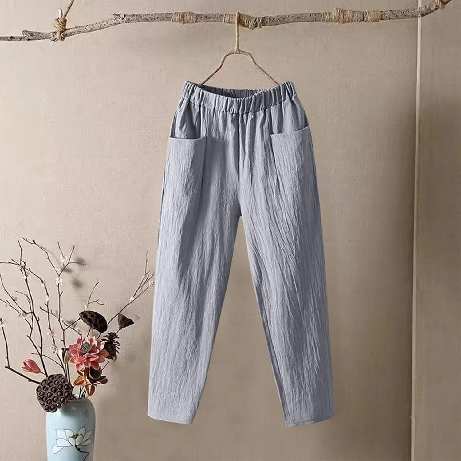 Linen Pants Women Summer Straight Leg Elastic Waist Casual Pants Peasant Linen