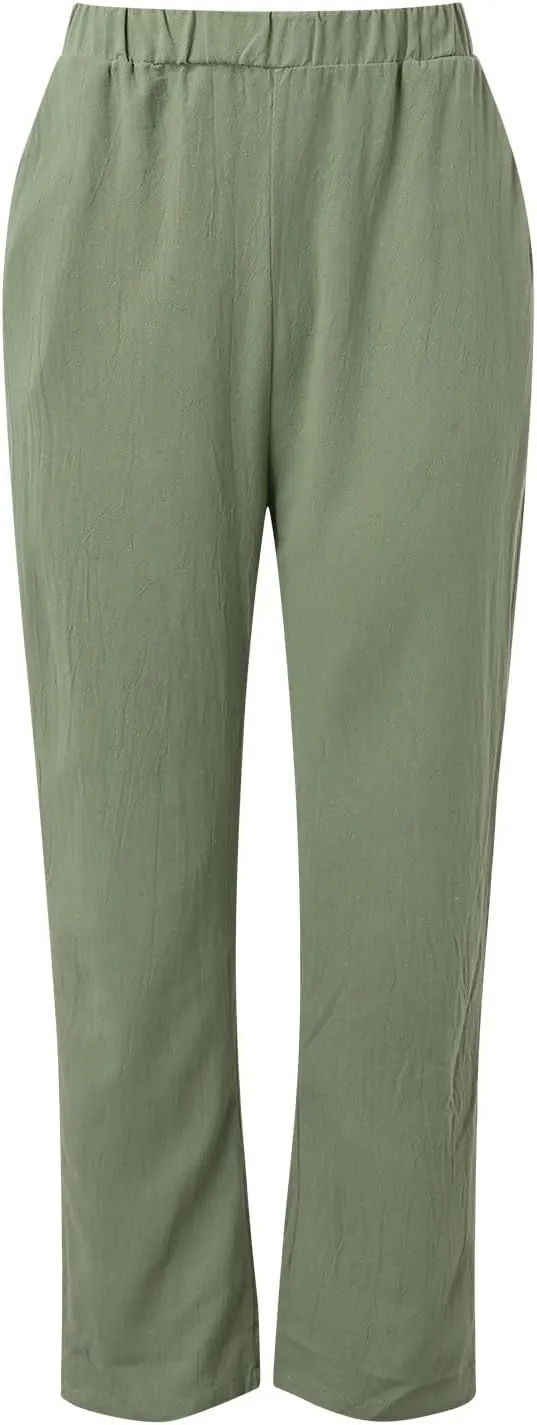 Linen Pants Women Summer Wide Leg Casual Summer High Waisted Lightweight Lounge Slacks Beach Baggy Loose Trousers