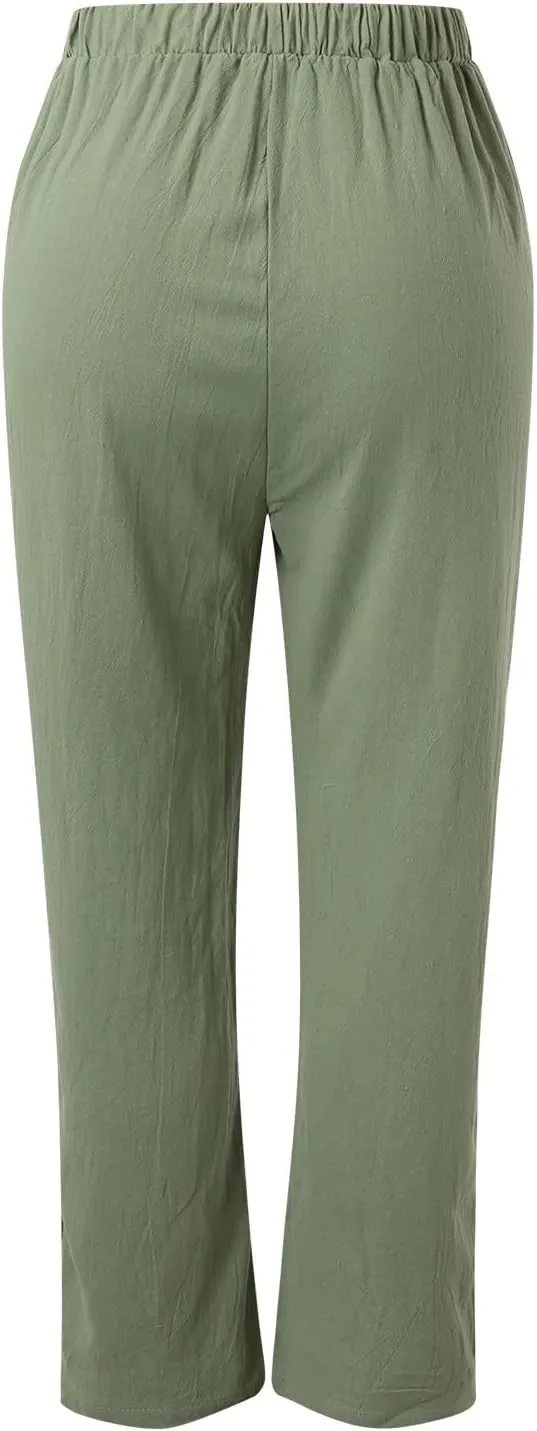 Linen Pants Women Summer Wide Leg Casual Summer High Waisted Lightweight Lounge Slacks Beach Baggy Loose Trousers