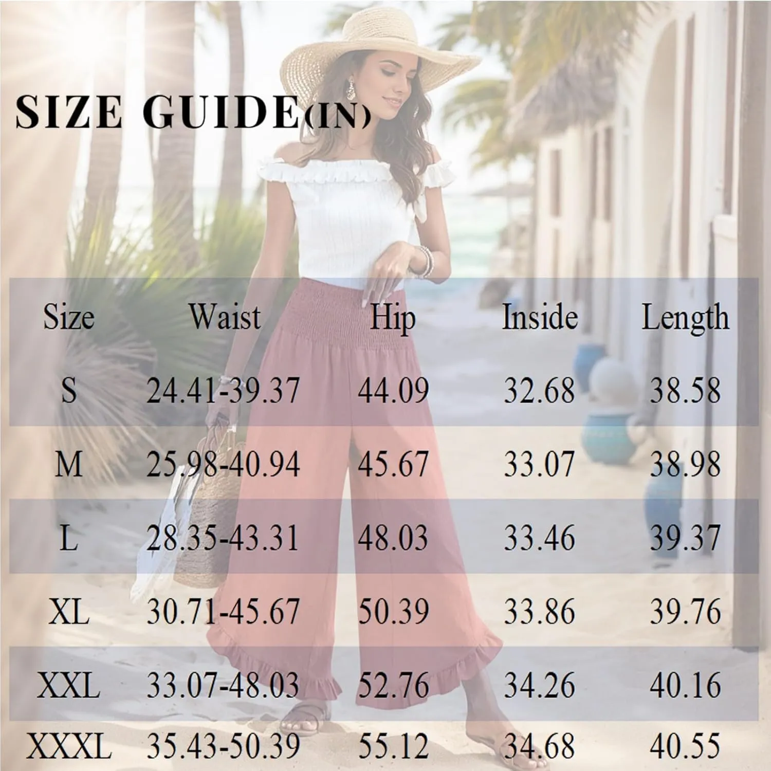 Linen Pants Women Summer Wide Leg Smocked Waist Ruffle Hem Palazzo Pants Boho Flowy Beach Vacation Pant with Pockets