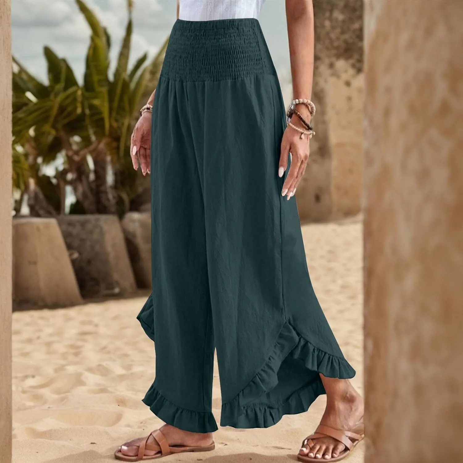 Linen Pants Women Summer Wide Leg Smocked Waist Ruffle Hem Palazzo Pants Boho Flowy Beach Vacation Pant with Pockets