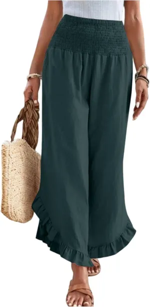 Linen Pants Women Summer Wide Leg Smocked Waist Ruffle Hem Palazzo Pants Boho Flowy Beach Vacation Pant with Pockets