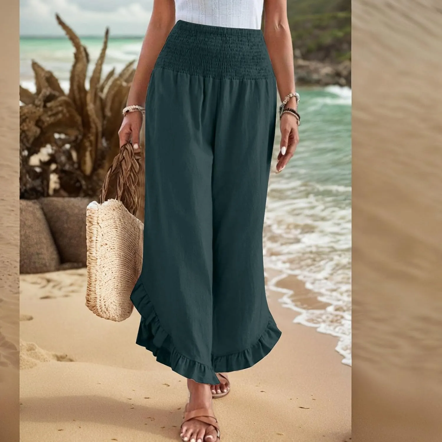 Linen Pants Women Summer Wide Leg Smocked Waist Ruffle Hem Palazzo Pants Boho Flowy Beach Vacation Pant with Pockets