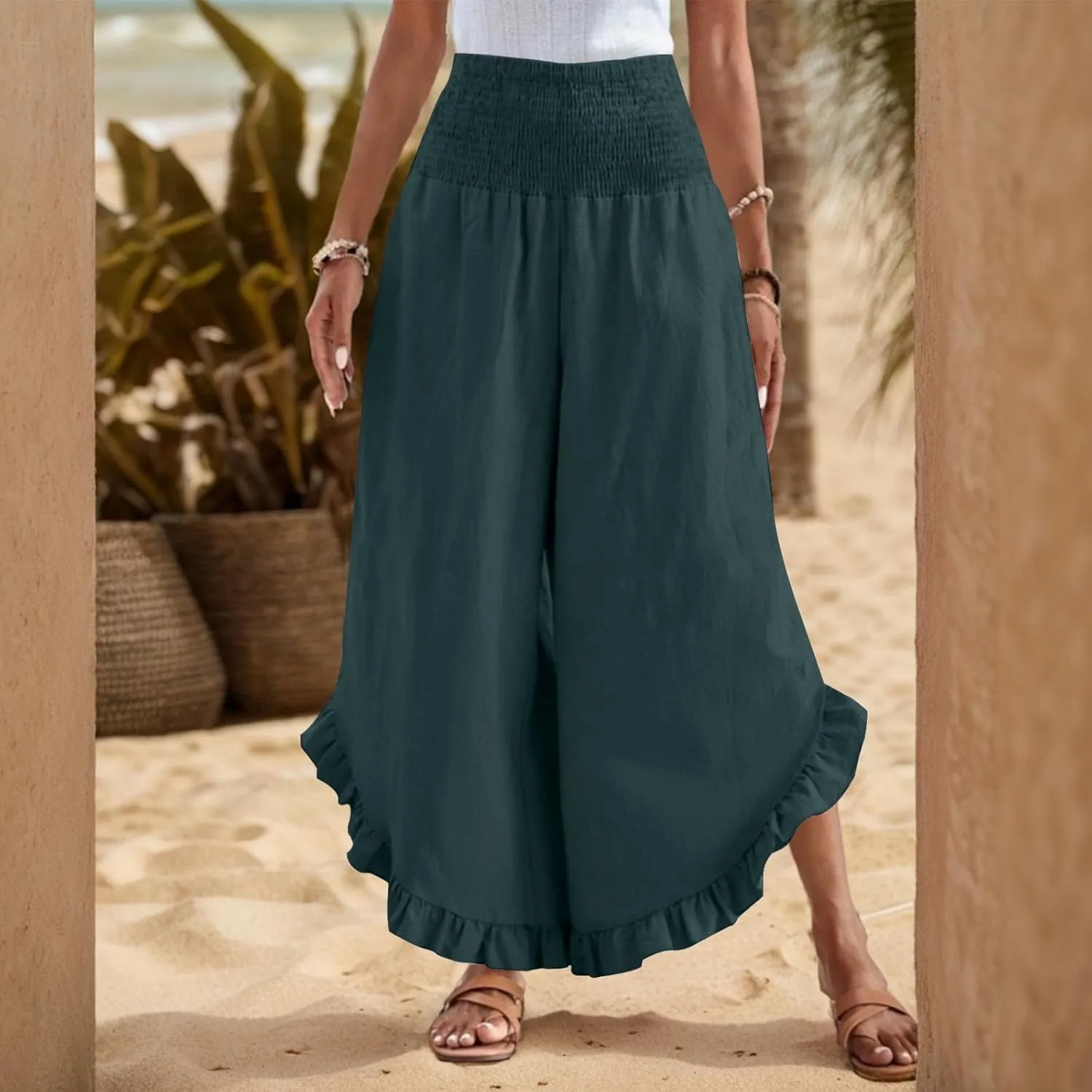 Linen Pants Women Summer Wide Leg Smocked Waist Ruffle Hem Palazzo Pants Boho Flowy Beach Vacation Pant with Pockets