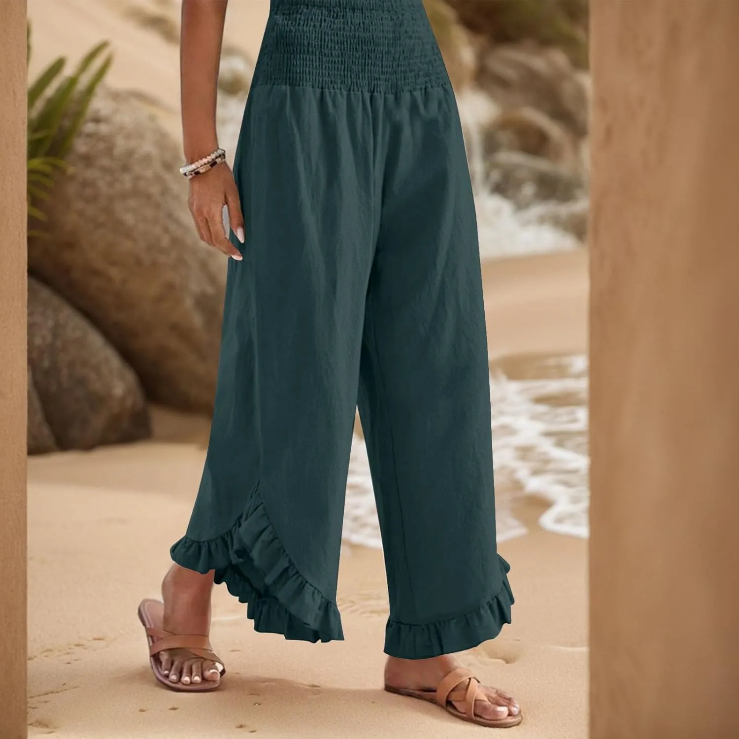 Linen Pants Women Summer Wide Leg Smocked Waist Ruffle Hem Palazzo Pants Boho Flowy Beach Vacation Pant with Pockets