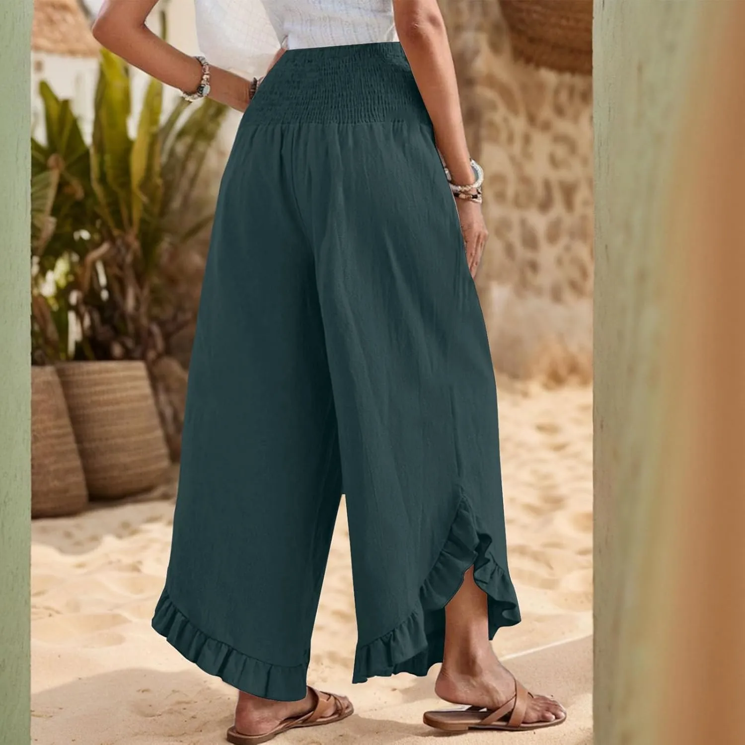 Linen Pants Women Summer Wide Leg Smocked Waist Ruffle Hem Palazzo Pants Boho Flowy Beach Vacation Pant with Pockets