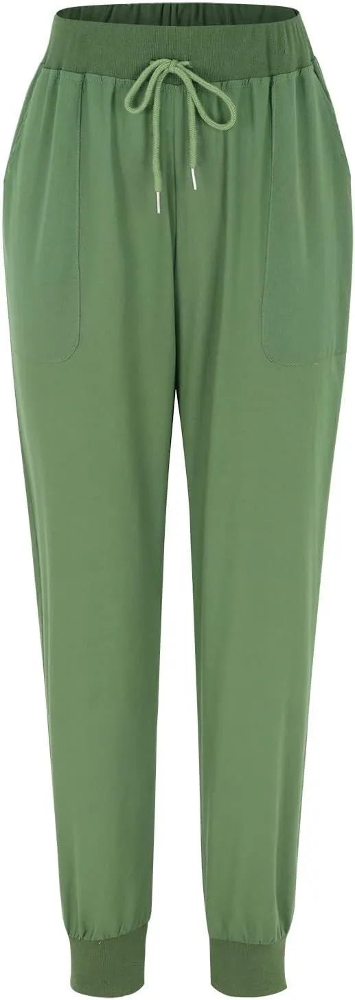 Linen Tapered Pants Women Drawstring Elastic Waist Casual Trousers with Pockets Straight Leg Loose Comfy Sweatpants