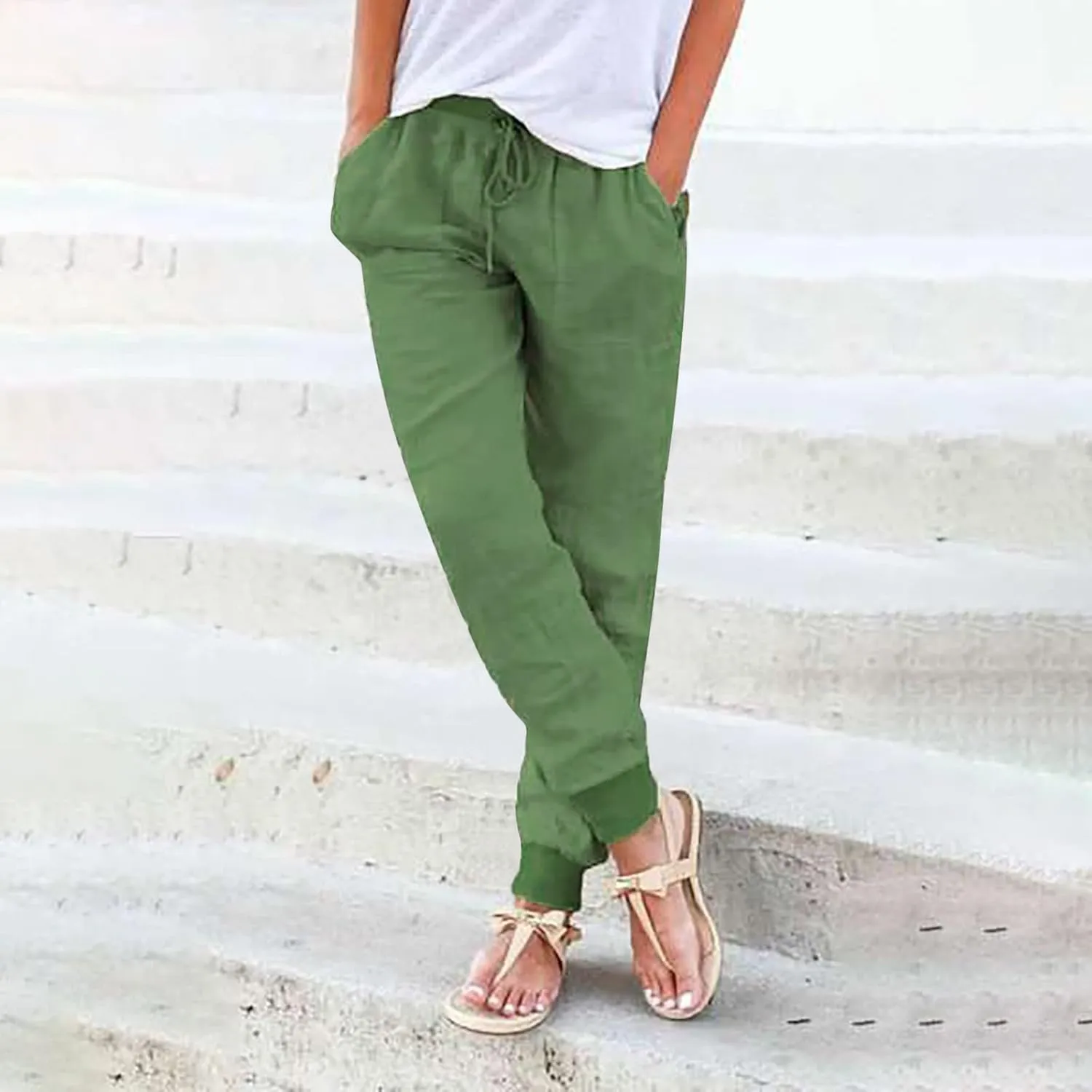 Linen Tapered Pants Women Drawstring Elastic Waist Casual Trousers with Pockets Straight Leg Loose Comfy Sweatpants