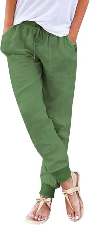 Linen Tapered Pants Women Drawstring Elastic Waist Casual Trousers with Pockets Straight Leg Loose Comfy Sweatpants