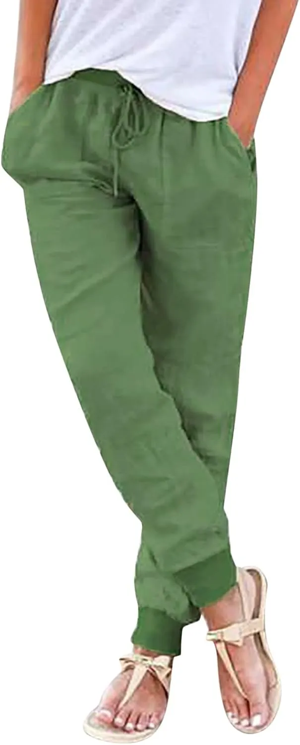 Linen Tapered Pants Women Drawstring Elastic Waist Casual Trousers with Pockets Straight Leg Loose Comfy Sweatpants