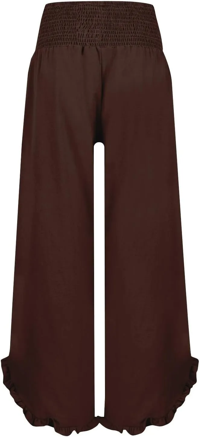 Linen Wide Leg Pants for Women Smocked High Waisted Palazzo Pants Boho Flowy Ruffle Hem Beach Trousers with Pockets