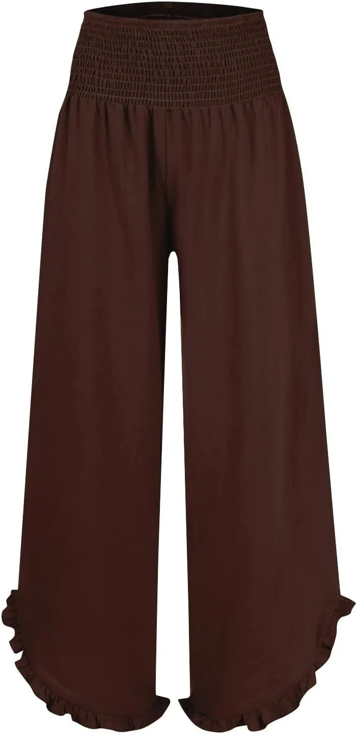 Linen Wide Leg Pants for Women Smocked High Waisted Palazzo Pants Boho Flowy Ruffle Hem Beach Trousers with Pockets