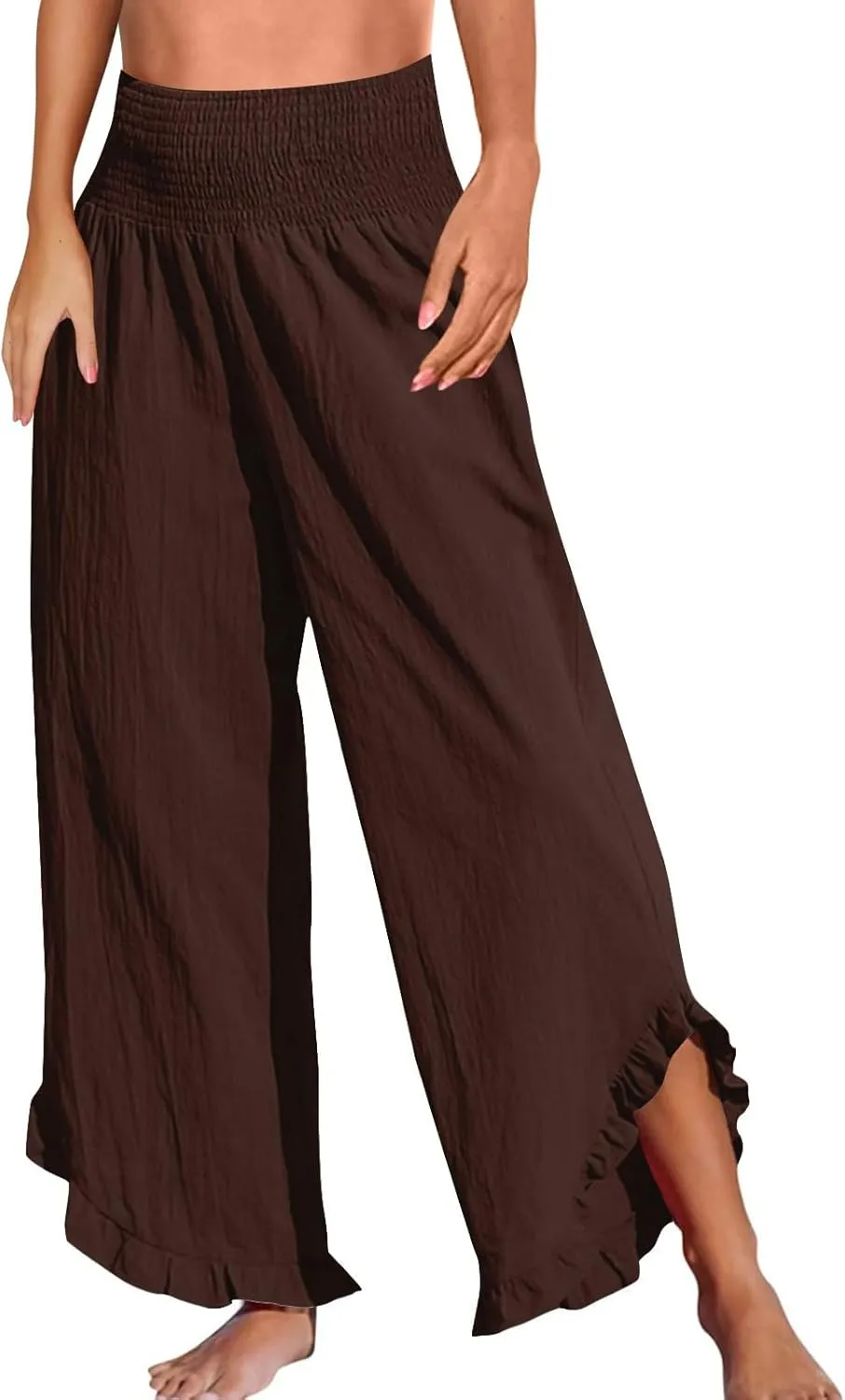 Linen Wide Leg Pants for Women Smocked High Waisted Palazzo Pants Boho Flowy Ruffle Hem Beach Trousers with Pockets