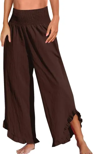 Linen Wide Leg Pants for Women Smocked High Waisted Palazzo Pants Boho Flowy Ruffle Hem Beach Trousers with Pockets