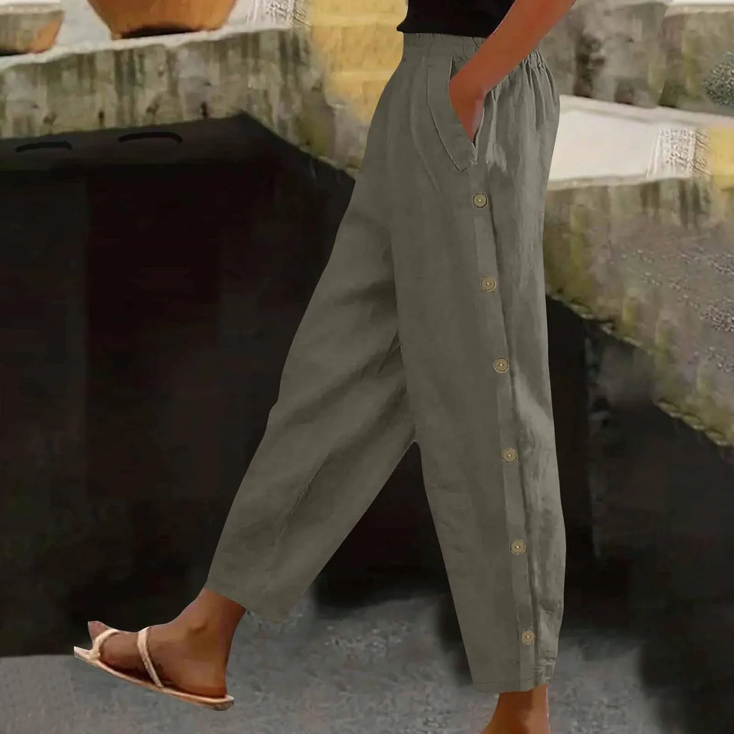 Lmdudan 2025 Womens Casual Linen Pants High Waist Summer Boho Beach Pants Lounge Pant Trousers with Pockets Vacation Outfits