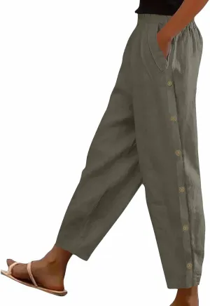 Lmdudan 2025 Womens Casual Linen Pants High Waist Summer Boho Beach Pants Lounge Pant Trousers with Pockets Vacation Outfits